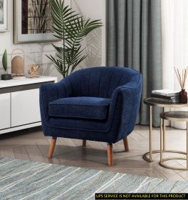 Mid-Century Modern Accent Chair 1pc Blue Chenille Fabric Upholstered Channel Stitched Back Brown Legs Solid Wood Furniture