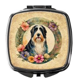 Bearded Collie and Flowers Compact Mirror Decorative Travel Makeup Mirror for Women Girls Gifts Pocket Makeup Mirror Folding Handheld
