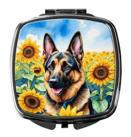 German Shepherd in Sunflowers Compact Mirror Decorative Travel Makeup Mirror for Women Girls Gifts Pocket Makeup Mirror Folding Handheld