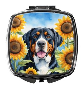Greater Swiss Mountain Dog in Sunflowers Compact Mirror Decorative Travel Makeup Mirror for Women Girls Gifts Pocket Makeup Mirror Folding Handhe