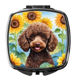 Chocolate Poodle in Sunflowers Compact Mirror Decorative Travel Makeup Mirror for Women Girls Gifts Pocket Makeup Mirror Folding Handheld