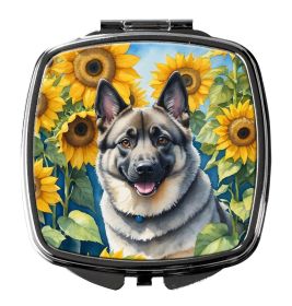 Norwegian Elkhound in Sunflowers Compact Mirror Decorative Travel Makeup Mirror for Women Girls Gifts Pocket Makeup Mirror Folding Handheld