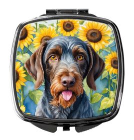 German Wirehaired Pointer in Sunflowers Compact Mirror Decorative Travel Makeup Mirror for Women Girls Gifts Pocket Makeup Mirror Folding Handhel