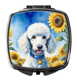 White Poodle in Sunflowers Compact Mirror Decorative Travel Makeup Mirror for Women Girls Gifts Pocket Makeup Mirror Folding Handheld