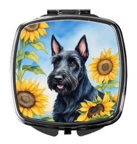 Scottish Terrier in Sunflowers Compact Mirror Decorative Travel Makeup Mirror for Women Girls Gifts Pocket Makeup Mirror Folding Handheld