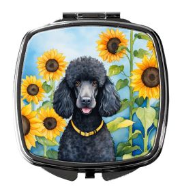 Black Poodle in Sunflowers Compact Mirror Decorative Travel Makeup Mirror for Women Girls Gifts Pocket Makeup Mirror Folding Handheld