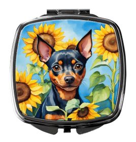 Miniature Pinscher in Sunflowers Compact Mirror Decorative Travel Makeup Mirror for Women Girls Gifts Pocket Makeup Mirror Folding Handheld