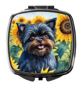 Affenpinscher in Sunflowers Compact Mirror Decorative Travel Makeup Mirror for Women Girls Gifts Pocket Makeup Mirror Folding Handheld