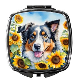 Australian Shepherd in Sunflowers Compact Mirror Decorative Travel Makeup Mirror for Women Girls Gifts Pocket Makeup Mirror Folding Handheld