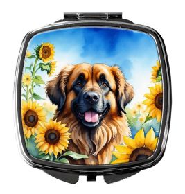 Leonberger in Sunflowers Compact Mirror Decorative Travel Makeup Mirror for Women Girls Gifts Pocket Makeup Mirror Folding Handheld