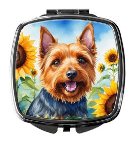 Australian Terrier in Sunflowers Compact Mirror Decorative Travel Makeup Mirror for Women Girls Gifts Pocket Makeup Mirror Folding Handheld