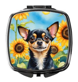 Chihuahua in Sunflowers Compact Mirror Decorative Travel Makeup Mirror for Women Girls Gifts Pocket Makeup Mirror Folding Handheld