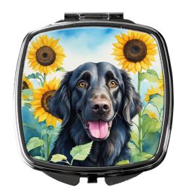Flat-Coated Retriever in Sunflowers Compact Mirror Decorative Travel Makeup Mirror for Women Girls Gifts Pocket Makeup Mirror Folding Handheld