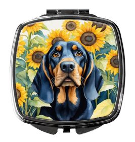Black and Tan Coonhound in Sunflowers Compact Mirror Decorative Travel Makeup Mirror for Women Girls Gifts Pocket Makeup Mirror Folding Handheld