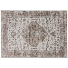 HOMCOM 5x7 Area Rug, Vintage Machine Washable Rug, Non-Slip Floor Carpet for Living Room, Bedroom, Dining Room, Tan