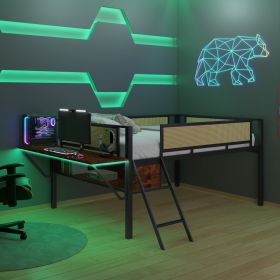 Single Metal Loft Bed With Rectangular Desk, LED Lights, LED Loft Bed Frame (Option: Full)