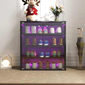 Shoe Box With RGB LED Light, Wooden Stackable Shoe Storage Box With Glass Door, Shoe Storage Bin Shoe Display Case For Sneakers  4 Tier-1 (Color: Black)
