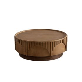 Coffee Table Round Wood Modern Solid Wood Veneer Handcrafted Relief Tea Table With Sturdy Pedestal For Apartment,Living Room (Option: Natural Wood)