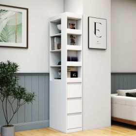 70.87 H Display Storage Cabinet , 4-Tier Shelf, 3 Side Drawers & 4 Small Display Shelves , Modern Wooden Tall Bookshelf Bookcase For Living Room (Color: White)