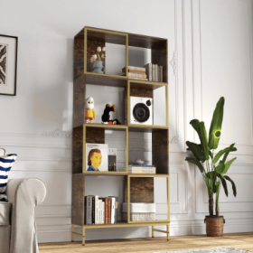 4-Tier Industrial Bookcase, Rustic Wood And Metal Frame, Asymmetrical Shelf Design, Display Storage Shelf For Living Room, Home Office, Small Spa (Option: BrownGold)
