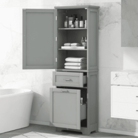 Tall Bathroom Storage Cabinet, Freestanding Storage Cabinet With Two Different Size Drawers And Adjustable Shelf, MDF Board With Painted Finish, (Color: Grey)