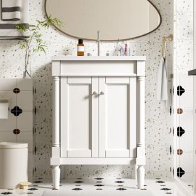 24'' Bathroom Vanity With Top Sink, 2-Tier Modern Bathroom Storage Cabinet, Single Sink Bathroom Vanity, Large Storage Shelves (Color: White)