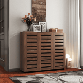 Shoe Cabinet, 5-Tier Shoe Storage Cabinet With Adjustable Shelves, Wooden Shoe Rack Organizer With Louvered Doors For Entryway, Hallway, Bedroom, (Option: Walnut)