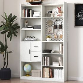 Bookshelf And Bookcase With Pegboard And Drawer, 9 Cubby Display Book Shelves, Modern Wide Wood Shelving Unit For Living Room, White (Color: White)
