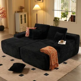 Oversized Double Lounge Chaise,Cloud Plush Sofa Bed,Upholstered Boneless Cloud Sofa Deep Seat,No Assembly Required,Modern Corduroy Sleeper Lovese (Color: Black)