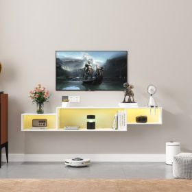 65.35in Wall Mounted Floating TV Stand With 20 Color LEDs And Charging Station (Color: White)