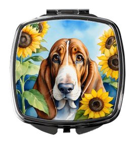 Basset Hound in Sunflowers Compact Mirror Decorative Travel Makeup Mirror for Women Girls Gifts Pocket Makeup Mirror Folding Handheld (Default: Default)