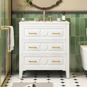 30'' Bathroom Vanity With Ceramic Sink Combo, Free Standing Single Vanity Set With 3 Drawers, Solid Wood Frame Bathroom Storage Cabinet, White (Color: White)